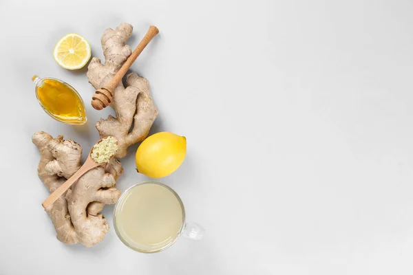 Ginger Roots Cup Tea Lemon Honey Grey Background — Stock Photo, Image
