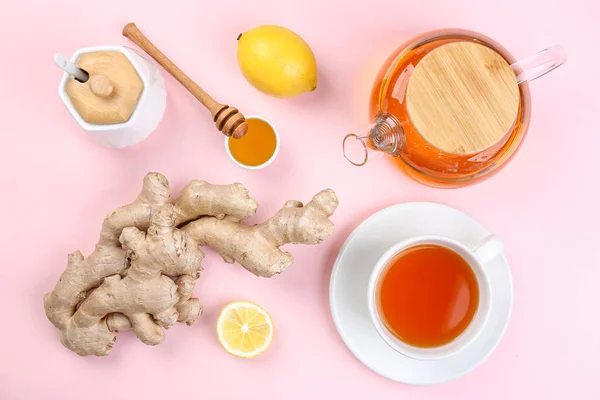 Ginger Roots Cup Black Tea Lemon Honey Pink Background — Stock Photo, Image