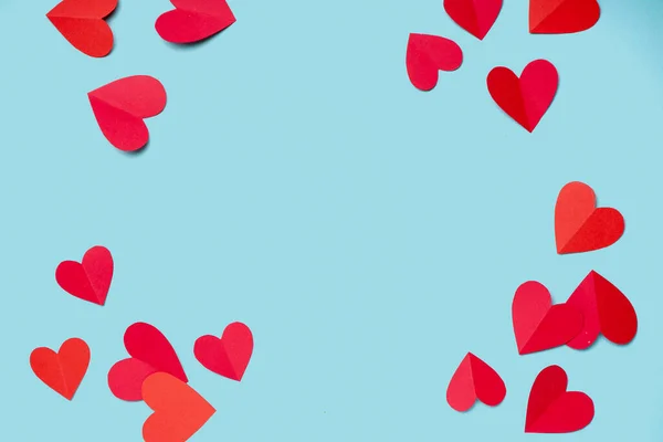 Frame Made Paper Hearts Blue Background Valentines Day Celebration — Fotografia de Stock