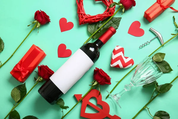 Bottle Wine Rose Flowers Hearts Turquoise Background Valentine Day Celebration — Stock Photo, Image
