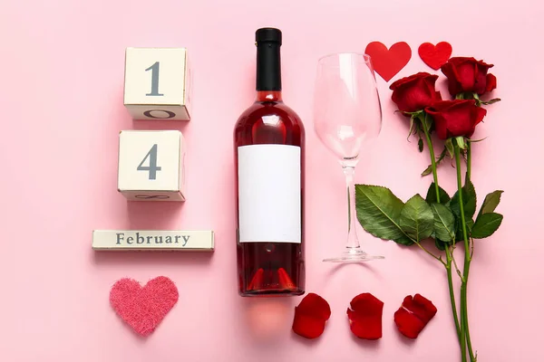 Bottle Wine Rose Flowers Cube Calendar Glass Pink Background Valentine — Stock Photo, Image
