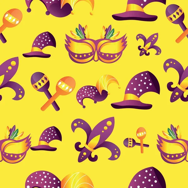Mardi Gras Symbols Yellow Background Pattern Design — Stock vektor