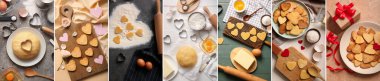 Collage of heart shaped cookies with raw dough, ingredients and utensils on table