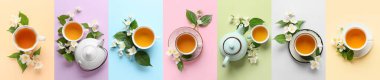Collage of tasty jasmine tea on color background, top view