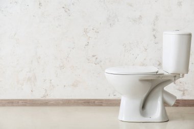 Ceramic toilet bowl near light wall