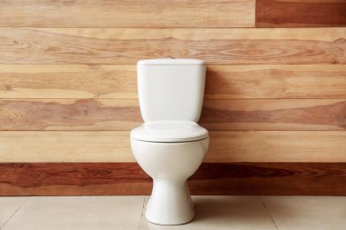 Ceramic toilet bowl near wooden wall