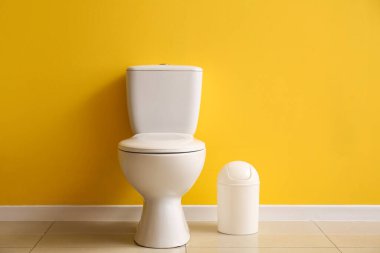 Ceramic toilet bowl and bin near yellow wall