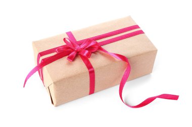 Gift box with pink bow for Valentine's Day on white background