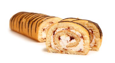 Pieces of tasty sponge cake roll isolated on white background