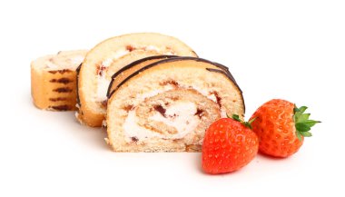 Pieces of tasty sponge cake roll and strawberry isolated on white background