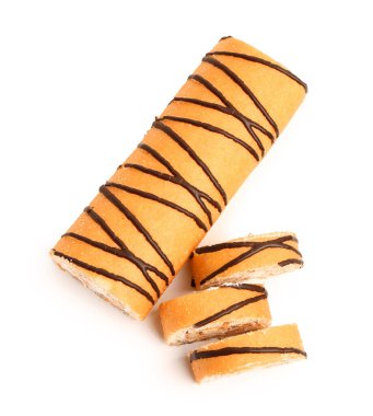 Delicious sponge cake roll on white background