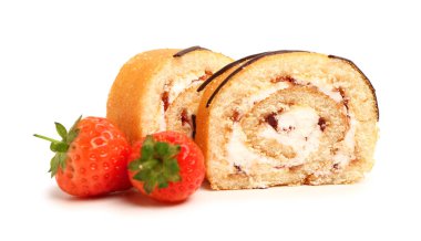Pieces of tasty sponge cake roll and strawberry isolated on white background