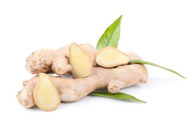 Fresh ginger roots and leaves on white background