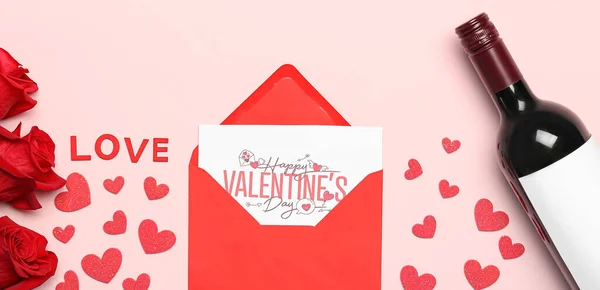 Bottle Wine Envelope Paper Hearts Rose Flowers Pink Background Valentine — Stock Photo, Image
