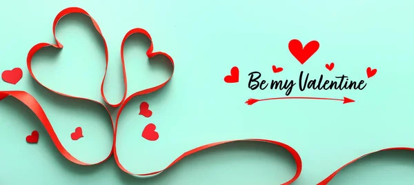 Знамя Дню Святого Валентина Сердечками Ленты Бирюзовом Фоне — стоковое фото