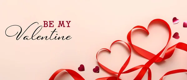 Banner Valentine Day Hearts Made Ribbon Beige Background — Stock Fotó