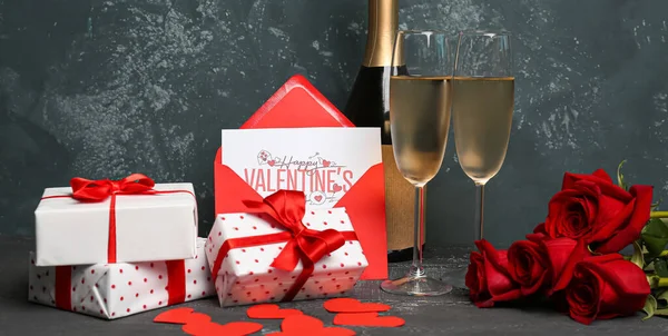 Glasses Champagne Bottle Rose Flowers Envelope Gift Boxes Table Valentine — Photo