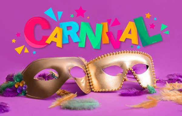 Carnival Masks Feathers Purple Background — Stock Fotó