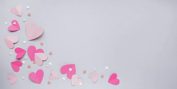 Paper Hearts Sprinkles Grey Background Space Text Valentines Day Celebration — Fotografia de Stock
