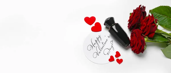 Card Text Happy Valentine Day Perfume Hearts Red Roses White — Photo
