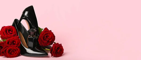 Perfume Black High Heels Red Roses Pink Background Space Text — Photo
