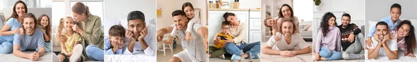 Set Happy Families Spending Time Together Home — Stock Fotó