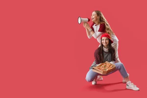 Young Women Box Tasty Pizza Megaphone Red Background — Foto Stock
