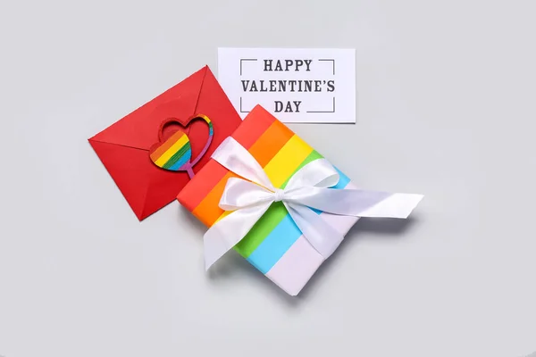 Card Text Happy Valentine Day Gift Envelope Grey Background Lgbt — Photo