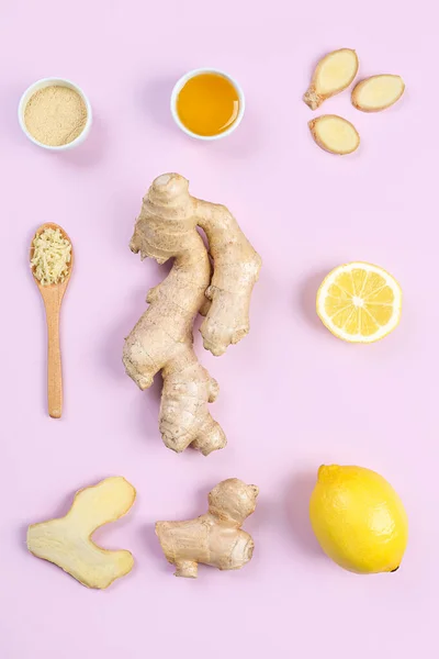 Fresh Ginger Roots Powder Lemon Bowl Honey Pink Background — Stock Photo, Image
