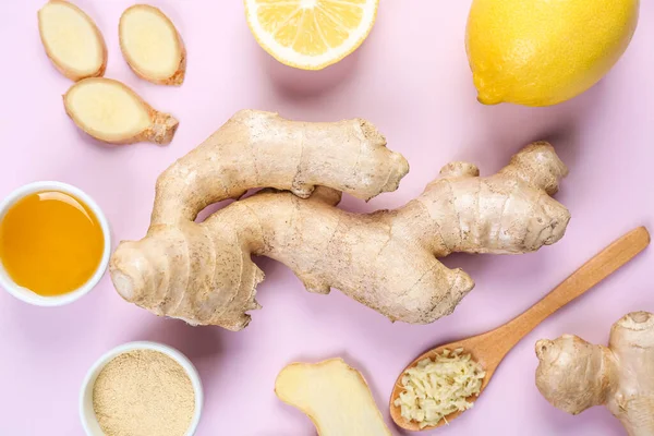 Fresh Ginger Roots Powder Lemon Bowl Honey Pink Background Closeup — Stock Photo, Image