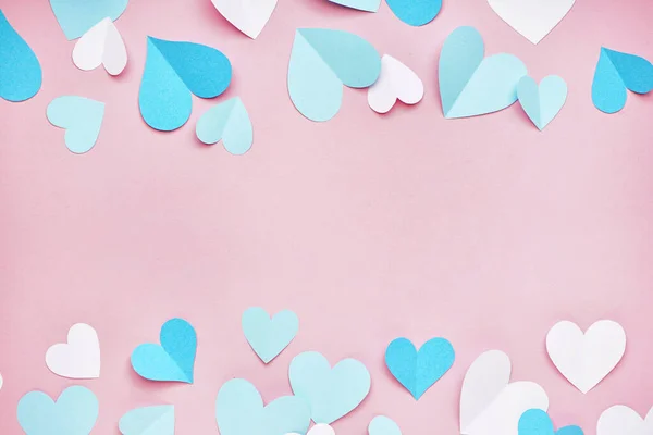 Composition Blue White Paper Hearts Pink Background Valentines Day Celebration — Fotografia de Stock