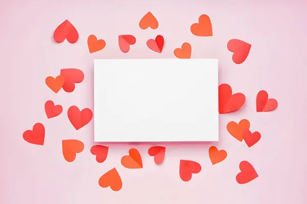 Paper Hearts Blank Card Pink Background Valentines Day Celebration — Fotografia de Stock