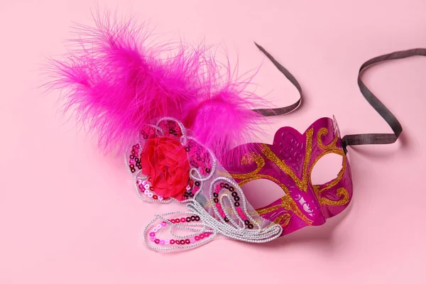 Beautiful Carnival Mask Mardi Gras Celebration Pink Background — Stock Photo, Image