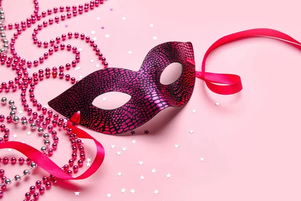 Carnival Mask Mardi Gras Celebration Stars Beads Pink Background — Stock Photo, Image