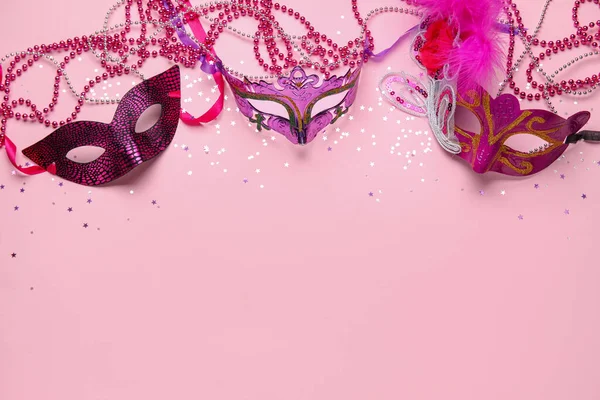 Carnival Masks Mardi Gras Celebration Stars Beads Pink Background — Stock Photo, Image