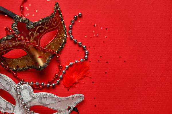 Carnival Masks Mardi Gras Celebration Stars Beads Red Background Closeup — Stock Photo, Image