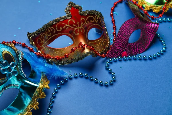 Carnival Masks Mardi Gras Celebration Stars Beads Blue Background Closeup — Stock Photo, Image