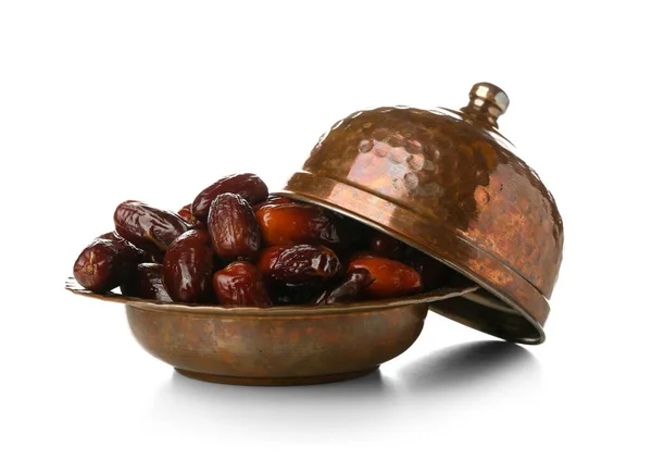 Bowl Dried Dates Ramadan White Background — Stock Photo, Image