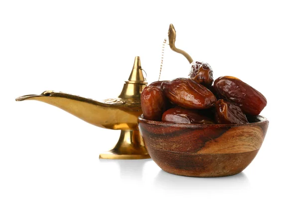 Muslim Lamp Bowl Dried Dates Ramadan White Background — Stock Photo, Image