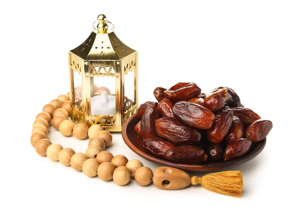 Plate Dried Dates Muslim Lantern Prayer Beads Ramadan White Background — Stock Photo, Image