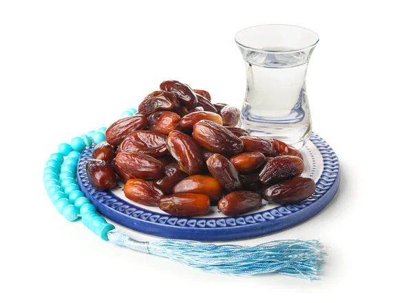 Plate Dried Dates Glass Water Prayer Beads Ramadan White Background — Stock Photo, Image