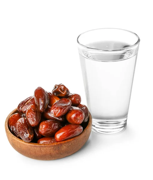 Bowl Dried Dates Glass Water Ramadan White Background — Stock Photo, Image