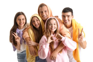 Group of happy friends gesturing on white background