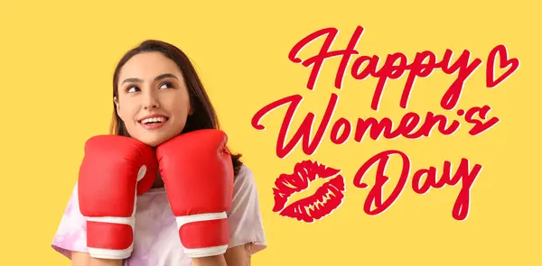 Woman Boxing Gloves Yellow Background Greeting Card International Women Day — Foto Stock