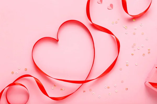 Heart Made Ribbon Sequins Pink Background Valentine Day Celebration — Stock Fotó