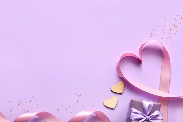 Ribbon Hearts Gift Lilac Background Valentine Day Celebration — Stock Fotó