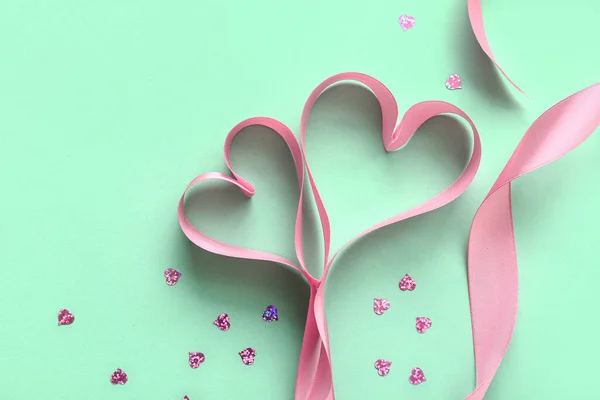 Hearts Made Ribbon Sequins Green Background Valentine Day Celebration — Stock Fotó