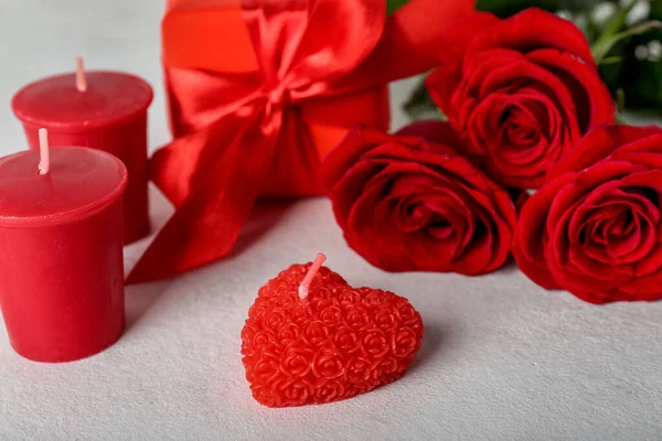 Candles Rose Flowers Gift Box Light Background Closeup Valentine Day — 스톡 사진