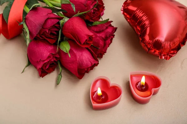 Beautiful Burning Candles Rose Flowers Balloon Color Background Closeup Valentine — 스톡 사진
