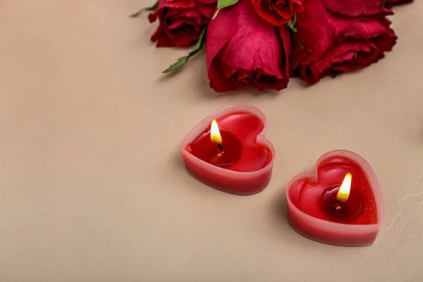 Beautiful Burning Candles Rose Flowers Color Background Valentine Day Celebration — Foto de Stock